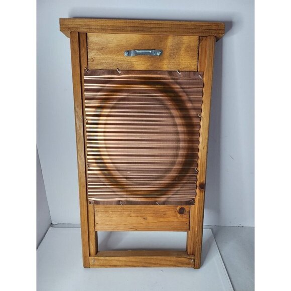 VINTAGE Wood Copper Washboard Soap Towel Wall Bathroom Planter Organizer Rustic - Picture 7 of 10